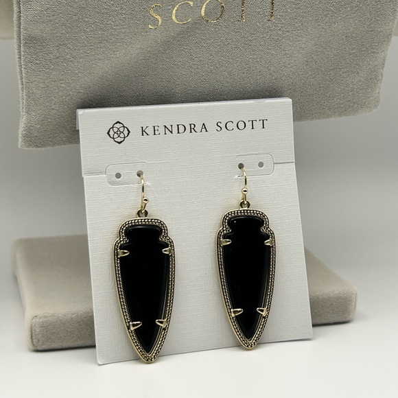 Kendra Scott Skylar Earrings 2" Dangle Drop Black & Gold Tone Pouch - Picture 12 of 12